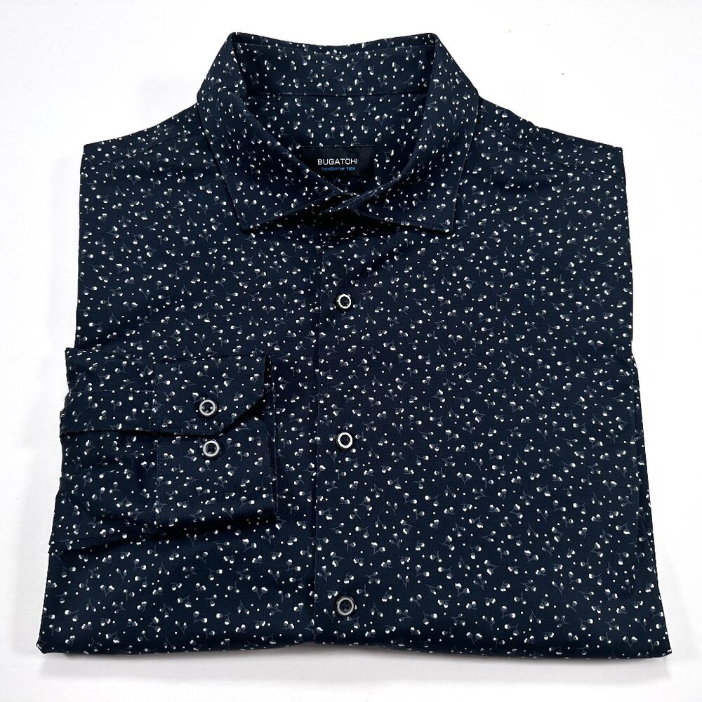 Bugatchi OoohCotton L Navy Blue All Over Floral Print Long Sleeve Button Front
